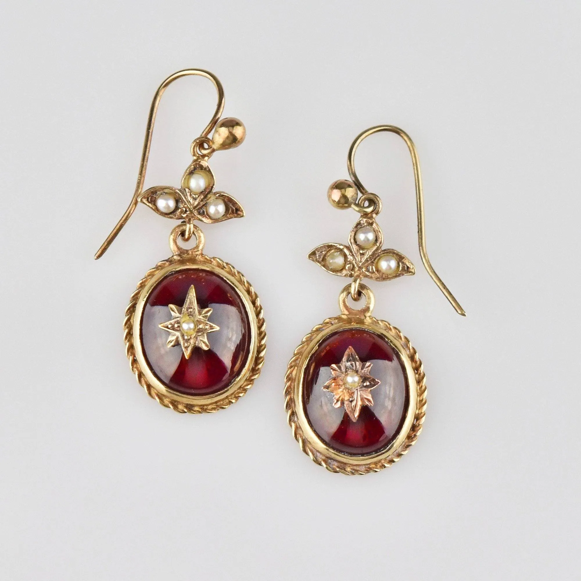 14K Gold Victorian Garnet Cabochon Pearl Dangle Earrings