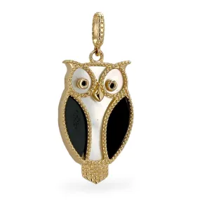 14K Yellow gold mother pearl onyx owl pendant-226059