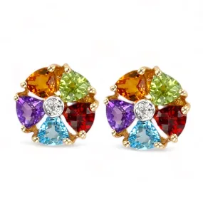 14K Yellow gold multi color rosette studs earrings-10023