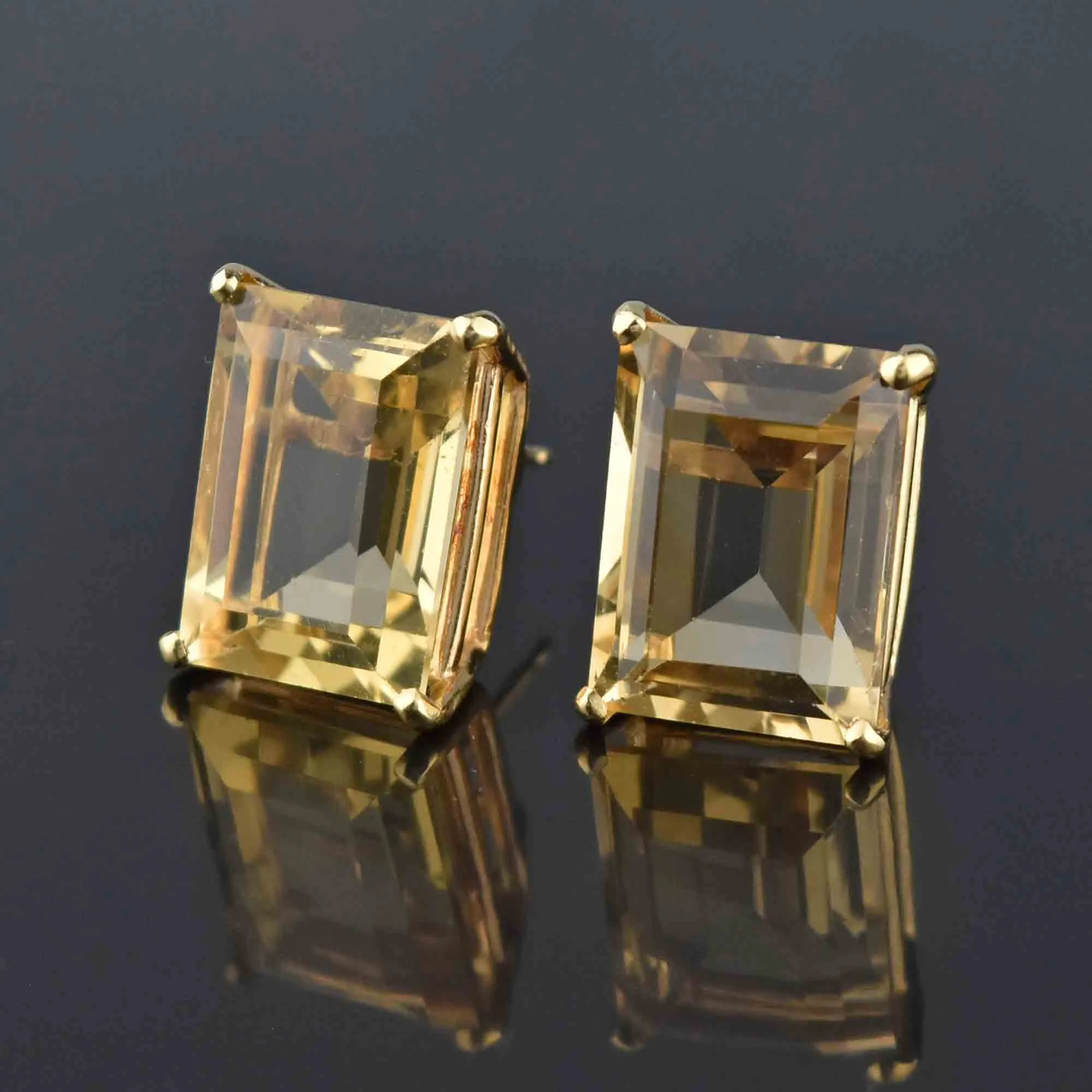 18CTW 14K Gold Emerald Step Cut Citrine Stud Earrings