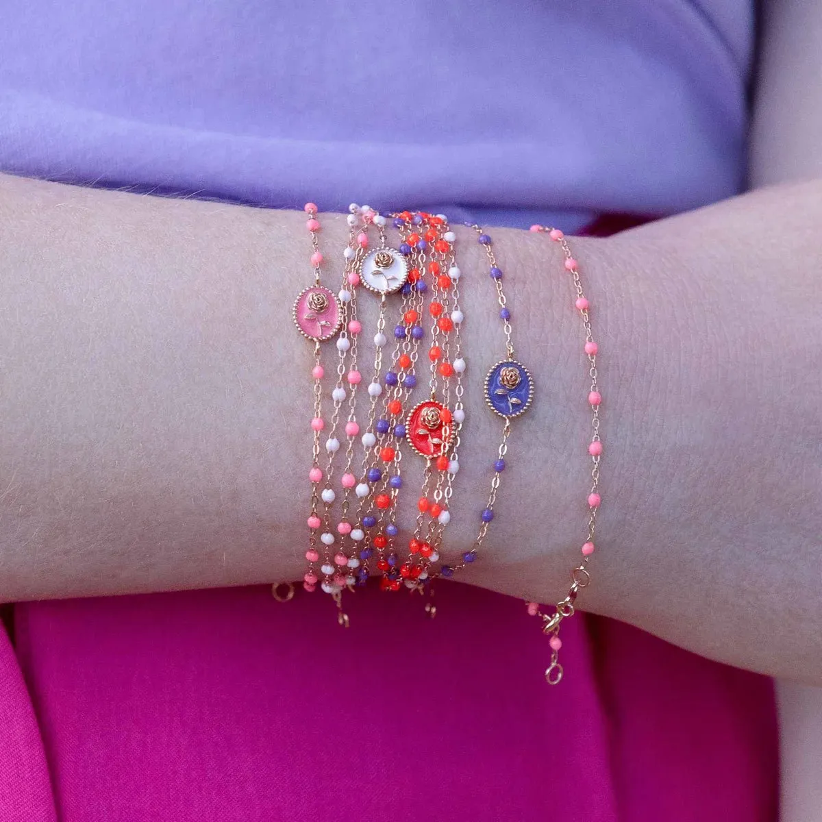 18K Gold and Neon Pink Resin Beaded Classic Bracelet