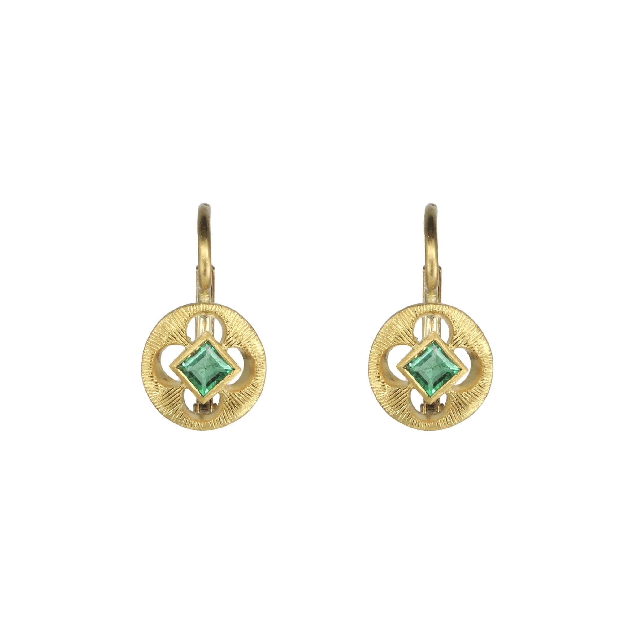 22K Gold Circular Etched Emerald Earrings