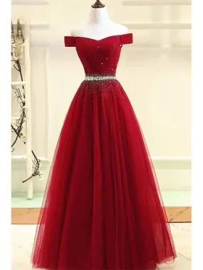 A-line Off the Shoulder Red Tulle Prom Dress Evening Dress with Beading, OL588