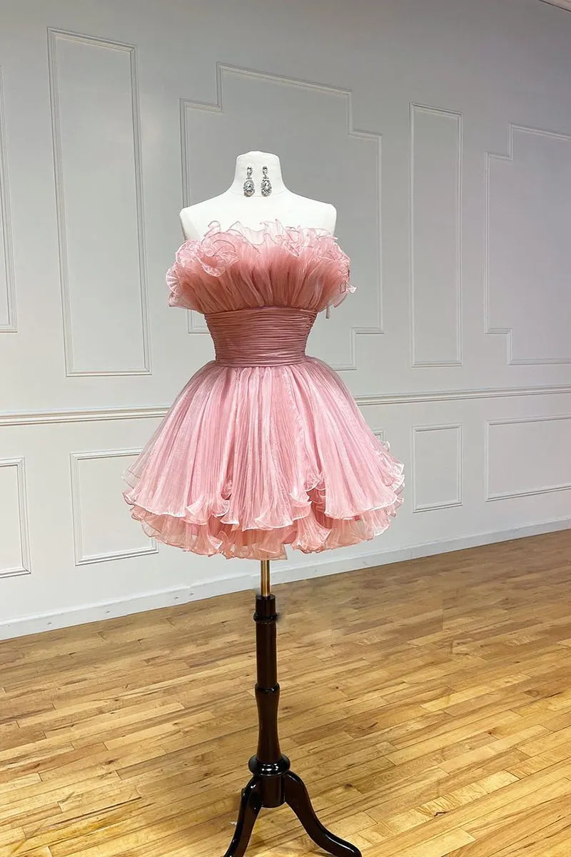 A Line Strapless Tulle Ruffles Pink Short Homecoming Dress QH2518