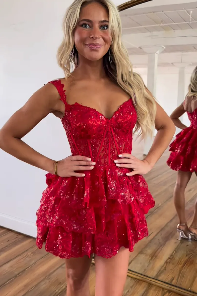 A line Sweetheart Sequins Tiered Cute Homecoming Dress Short Graduation Dress QH2473