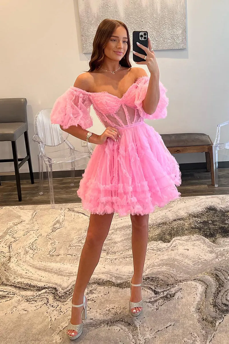 A Line Sweetheart Short Sleeves Pink Cute Homecoming Dress QH2315