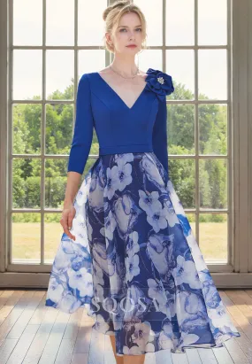 A Line V Neck 3/4 Sleeves Floral Elegant Mother of the Bride Dress