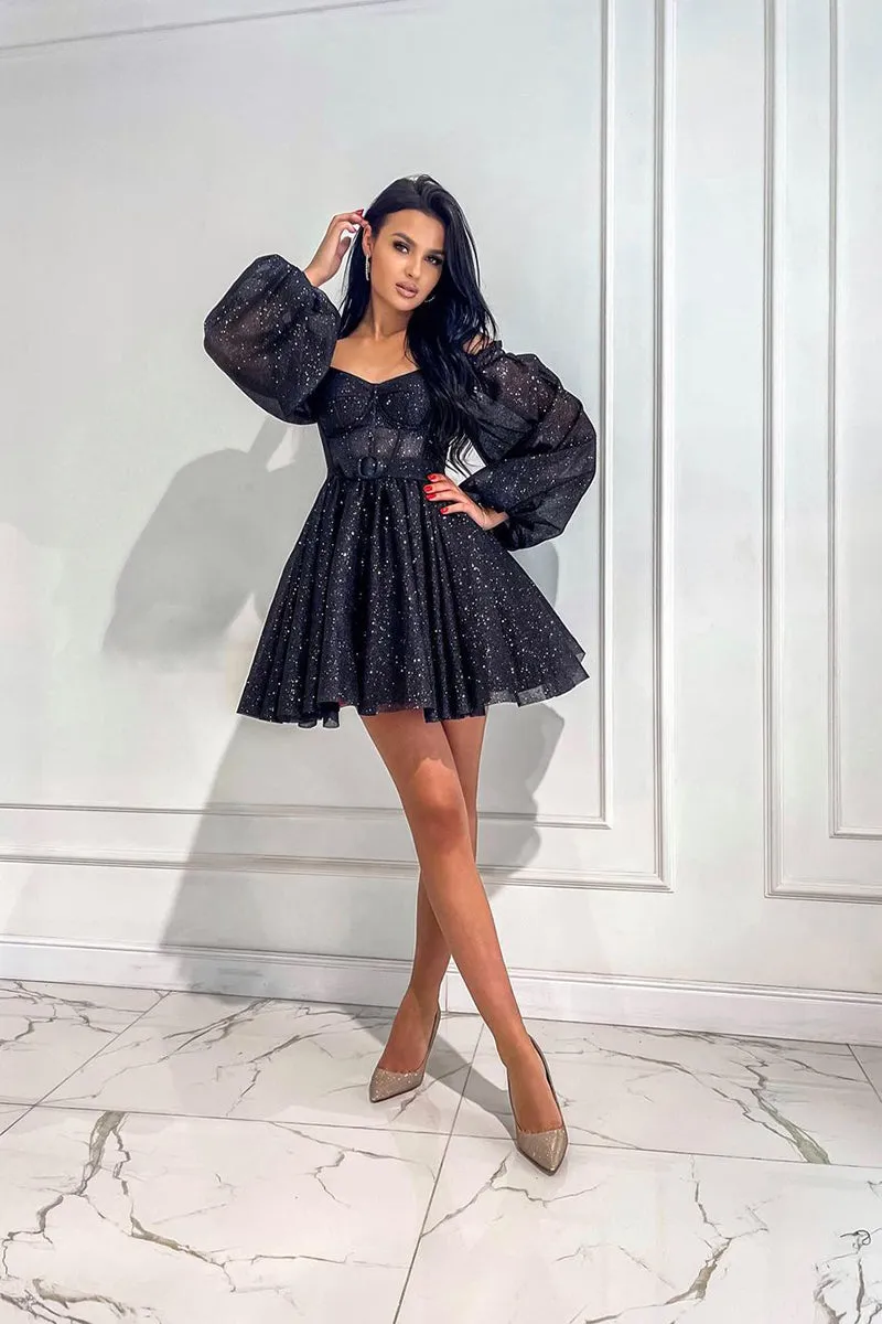 A Line V neck Long Sleeves Black Sparkly Prom Dress Short Homecoming Dress QH2494