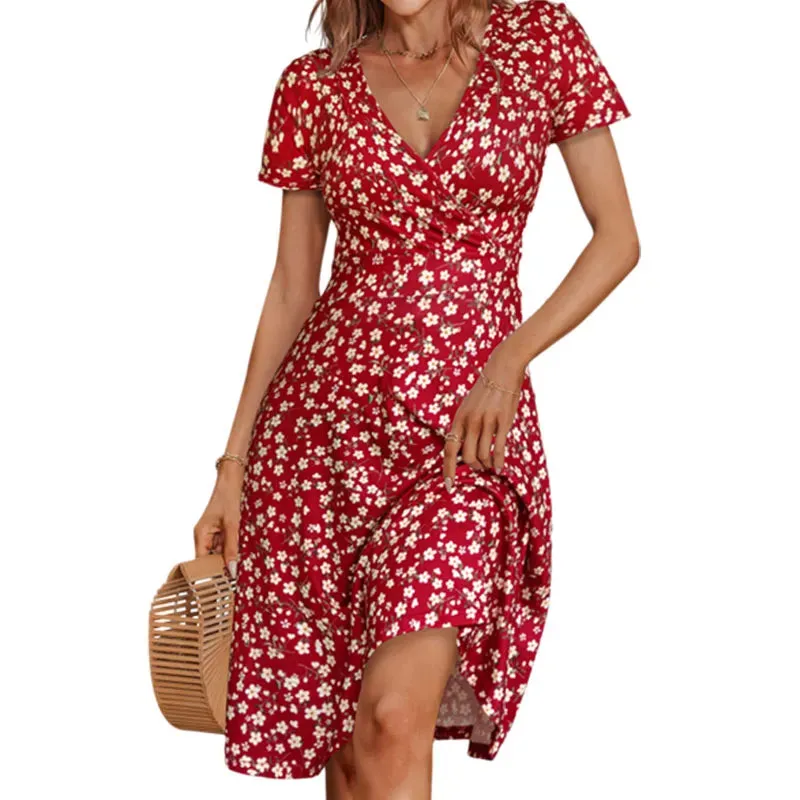 Aachoae Sexy V-Neck Floral Print Boho Beach Dress