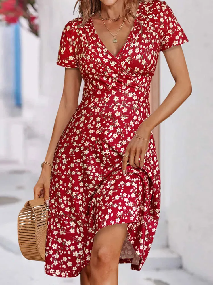 Aachoae Sexy V-Neck Floral Print Boho Beach Dress