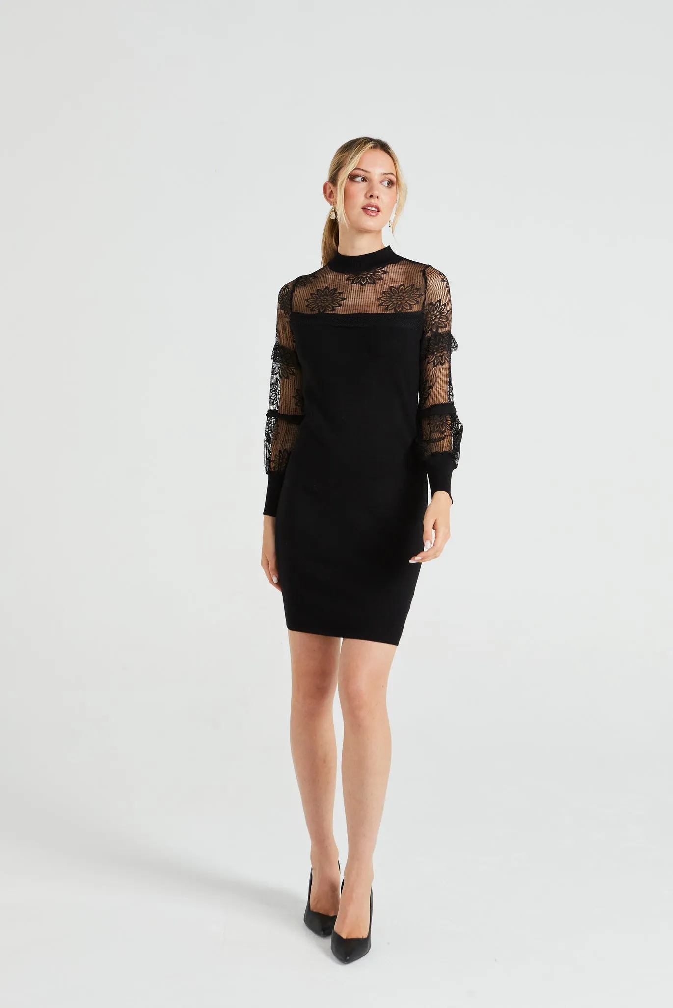 Angeleye Lace Long Sleeved Mini Ribbed Dress With High Neck