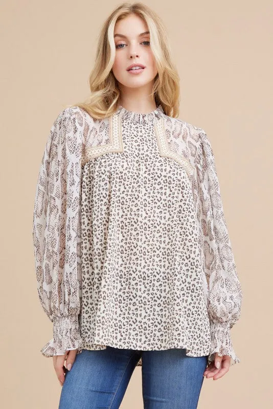 Animal Print Chiffon Poet Sleeves Top