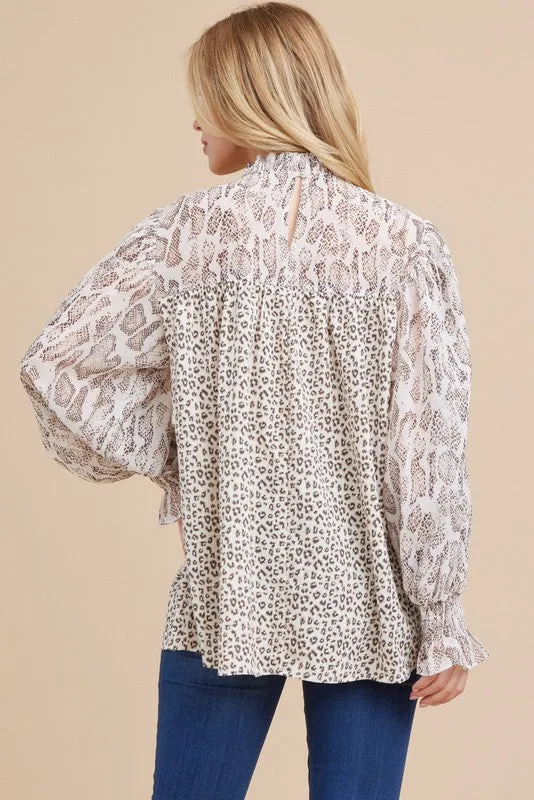 Animal Print Chiffon Poet Sleeves Top