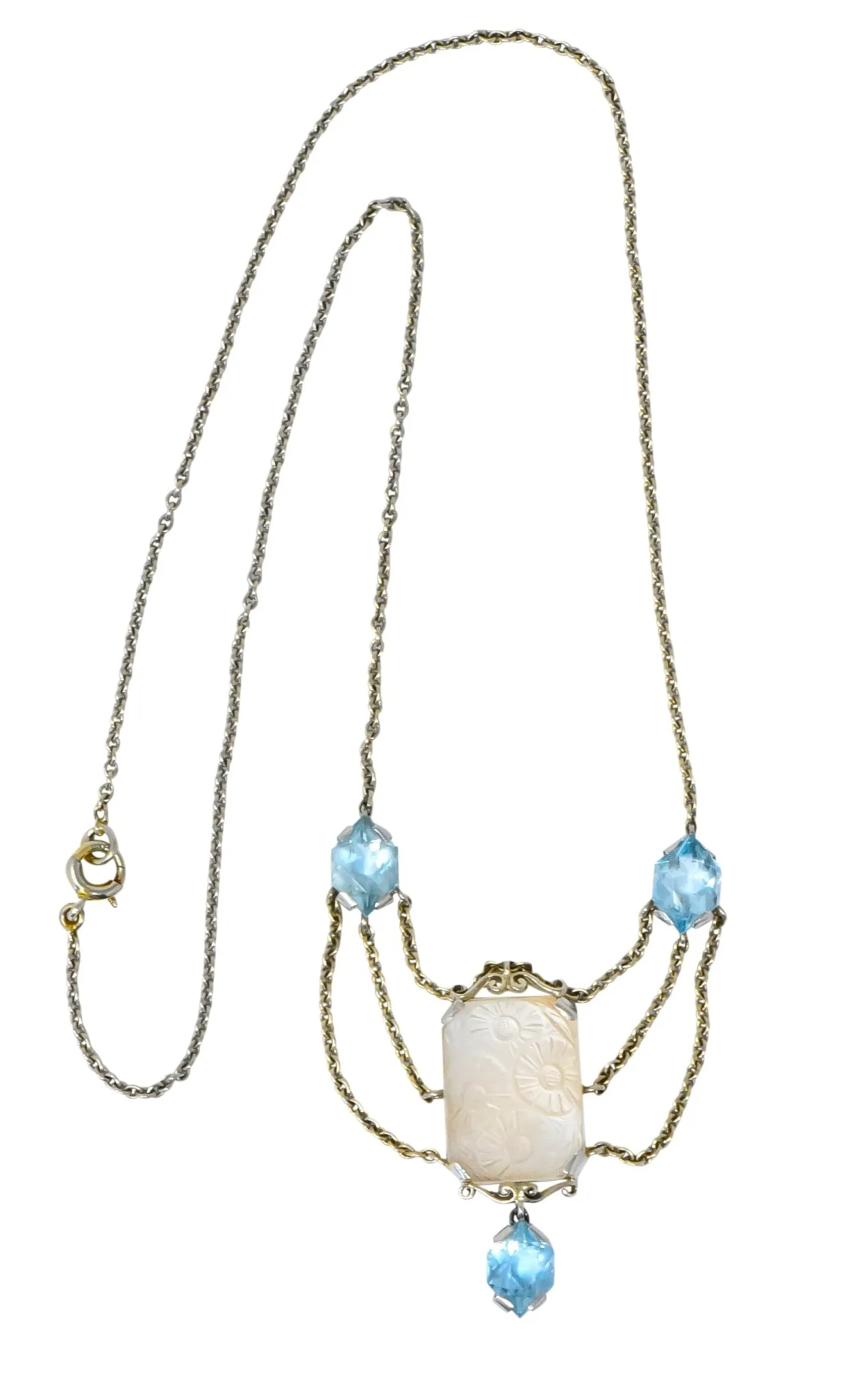 Art Nouveau Rock Crystal Mother of Pearl Aquamarine 18 Karat Gold Swag Necklace