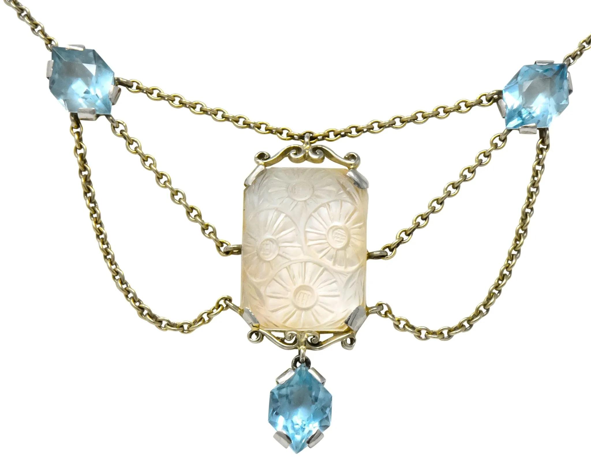 Art Nouveau Rock Crystal Mother of Pearl Aquamarine 18 Karat Gold Swag Necklace