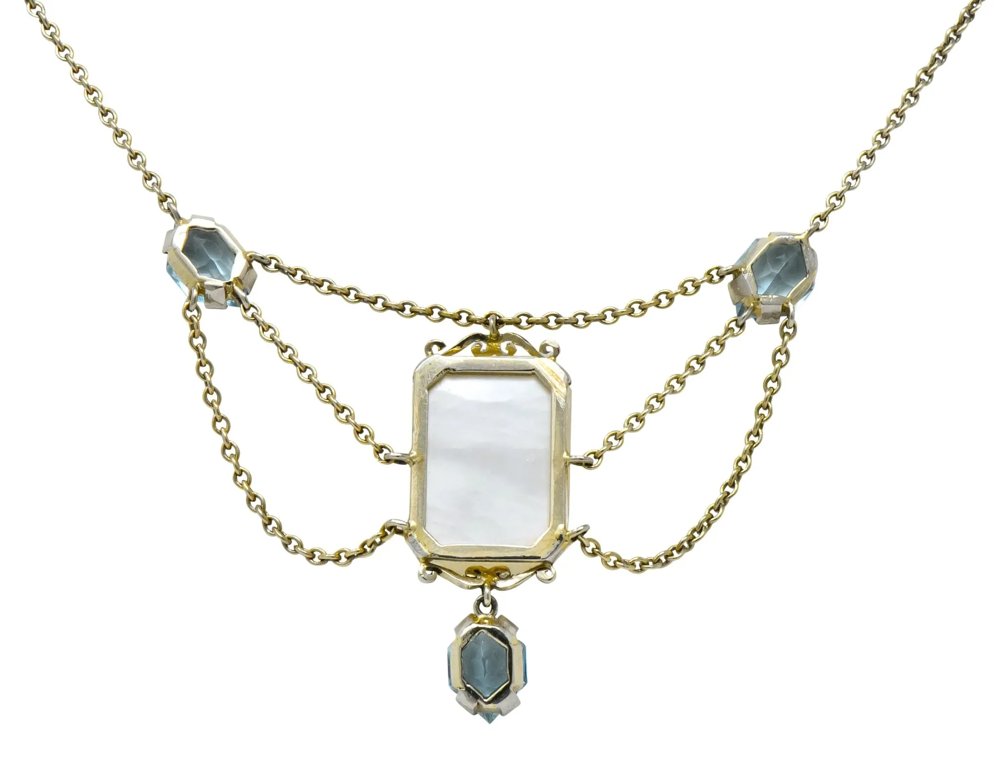 Art Nouveau Rock Crystal Mother of Pearl Aquamarine 18 Karat Gold Swag Necklace