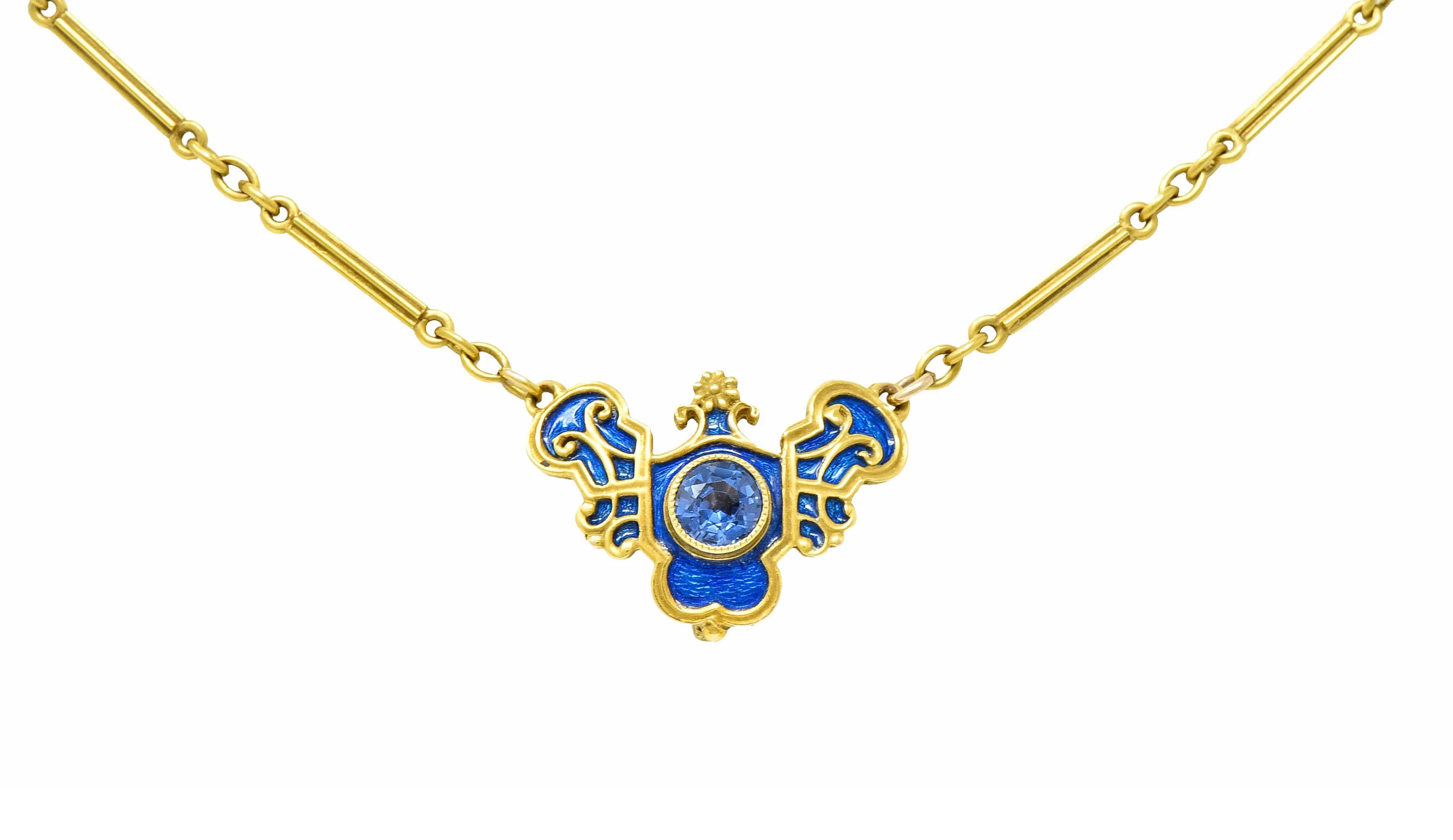 Art Nouveau Sapphire Enamel 14 Karat Gold Station Necklace