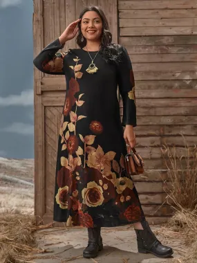 Autumn Winter Women Long Sleeve Dress Floral Print