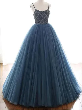 Ball Gown Deep Blue Tulle Prom Dress Evening Dress With Beading, OL698