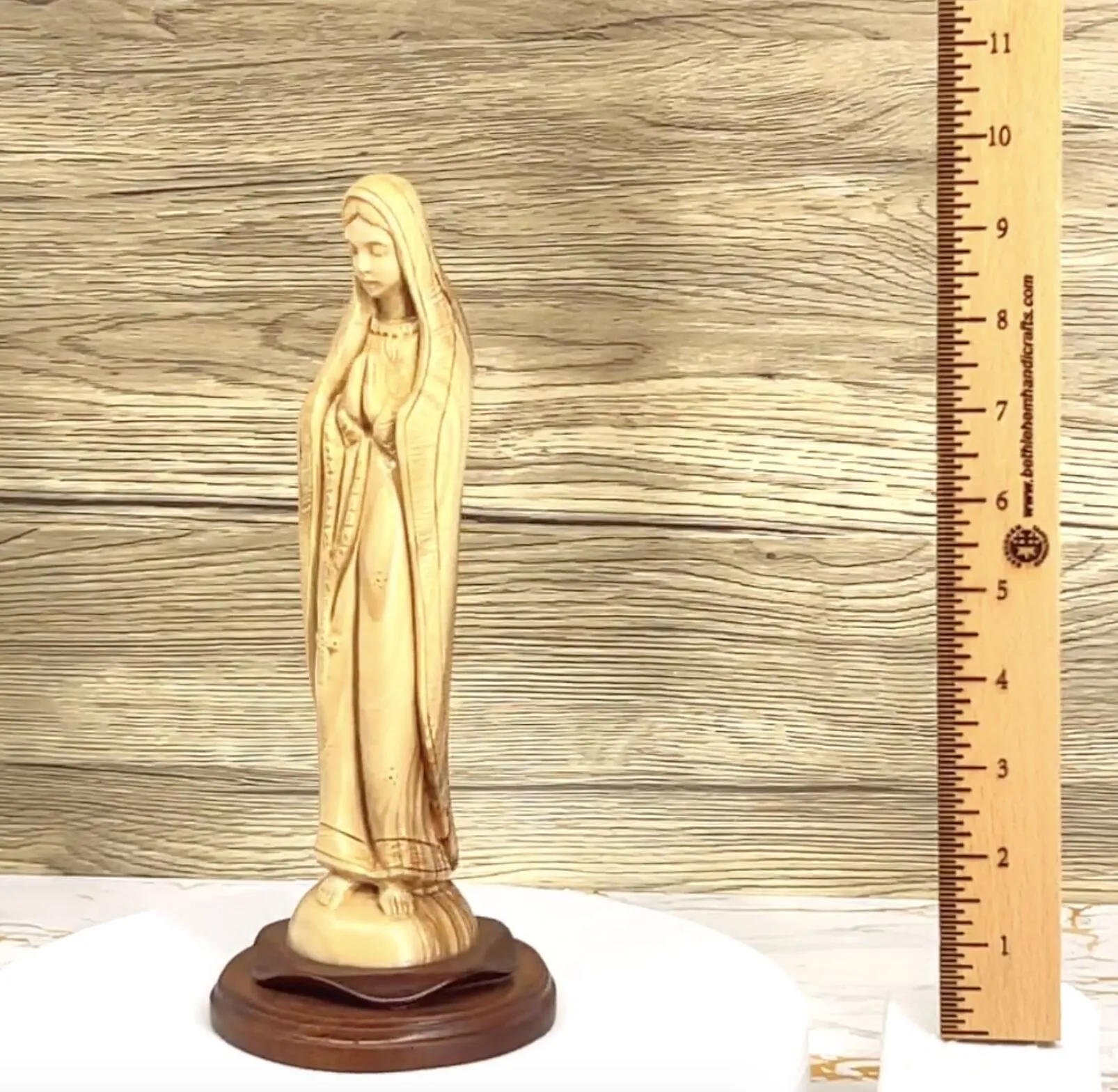 Blessed Mother Holding a Rosary, 10 Olive Wood Carving Statue from Bethlehem