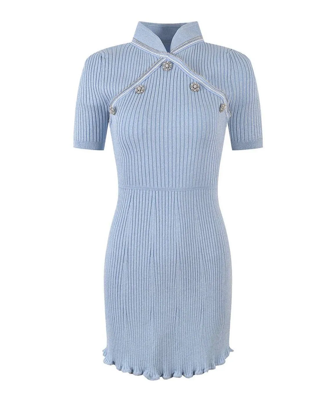 Blue Metallic Thread Mini Knit Dress