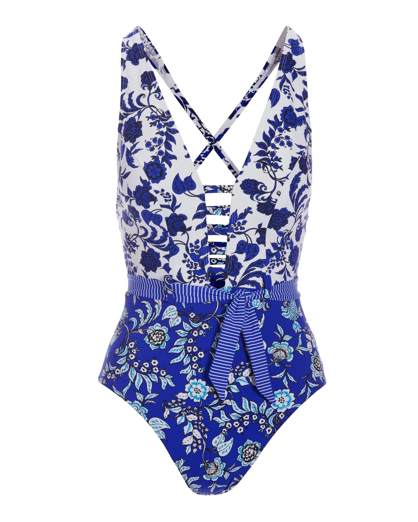 Blue Rosa Ladder Plunge One-Piece Swimsuit Blue White