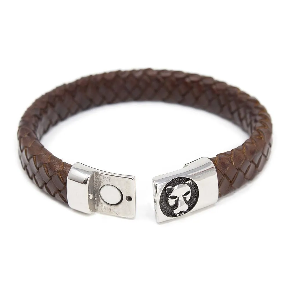 Braided Leather Bracelet with Lion Clasp Brown Large