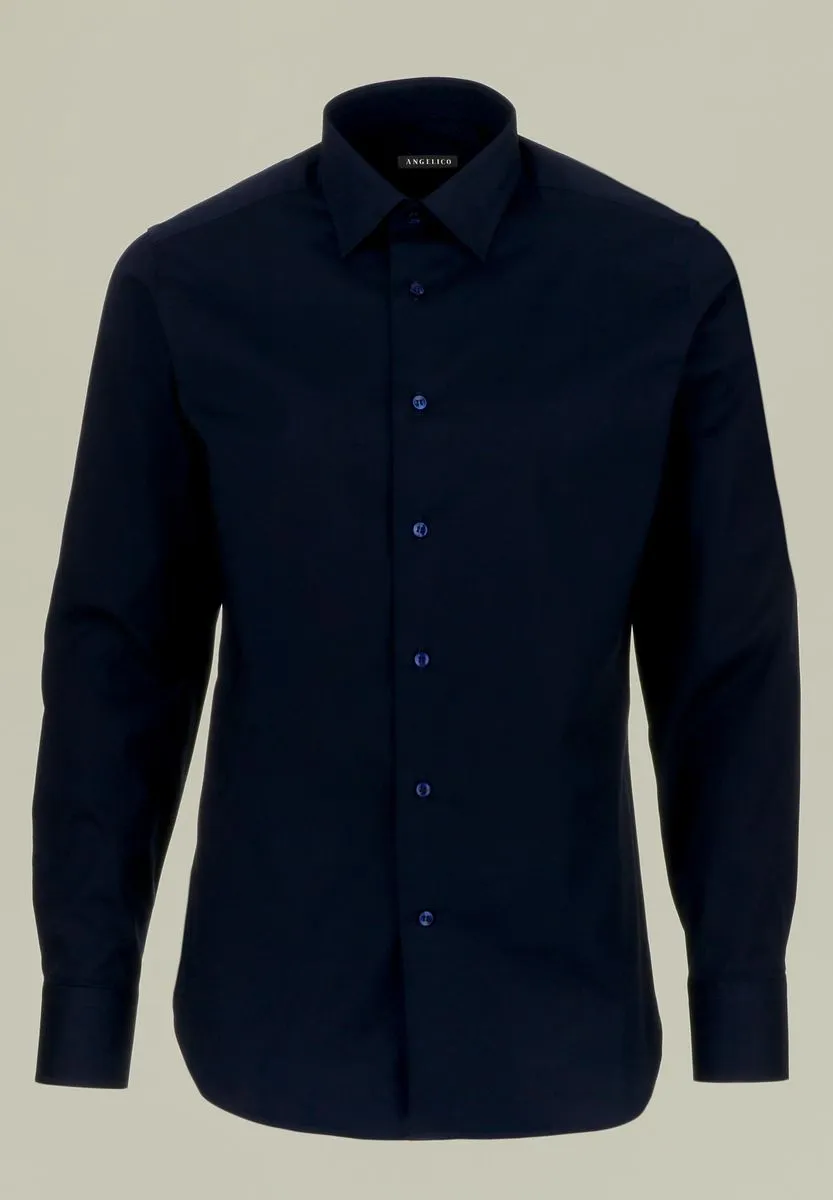 Camicia blu cotone elasticizzato slim fit