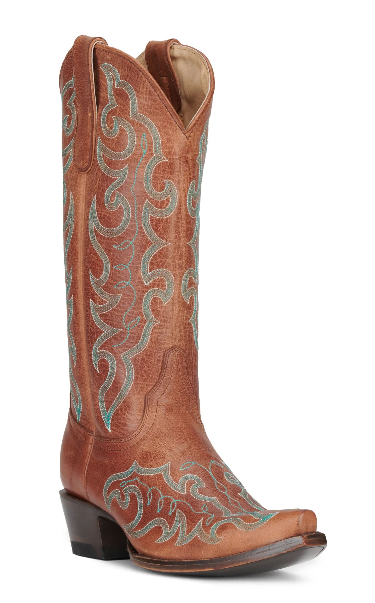 Cavender's Women's Brass Brown with Turquoise Embroidery Snip Toe Cowboy Boots