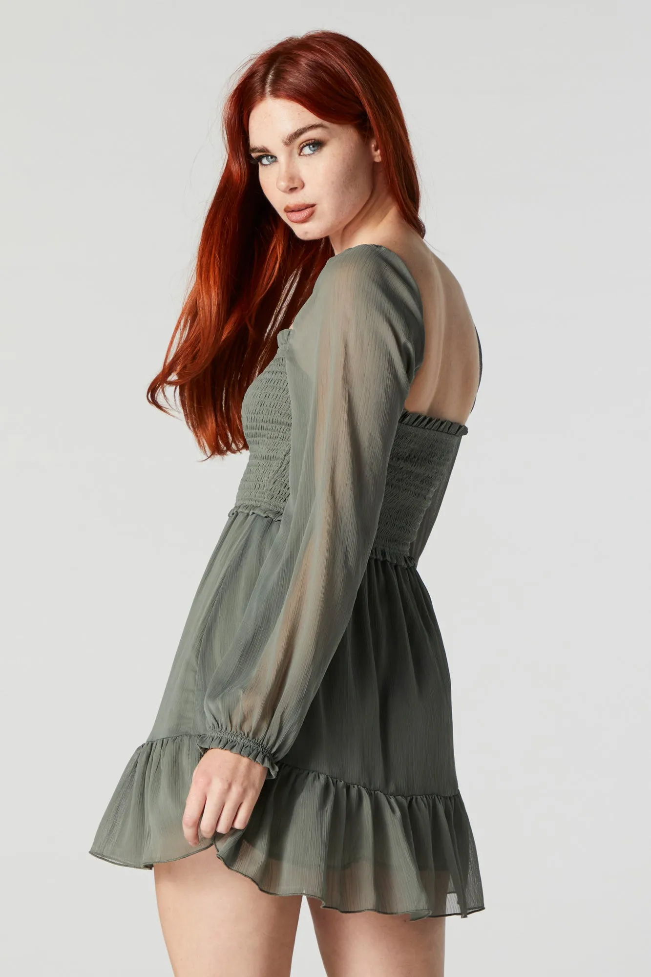 Chiffon Square Neck Tiered Mini Dress