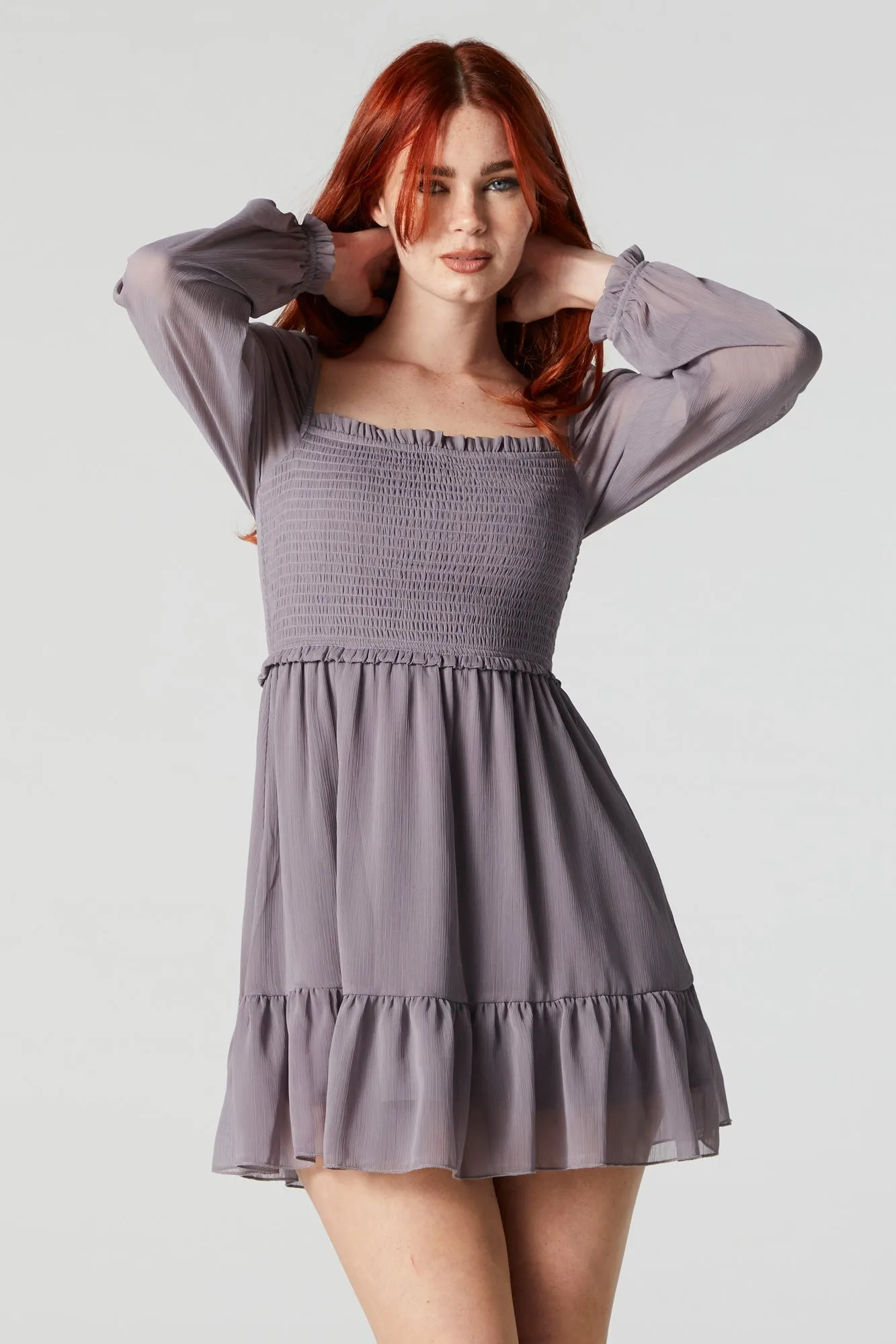 Chiffon Square Neck Tiered Mini Dress