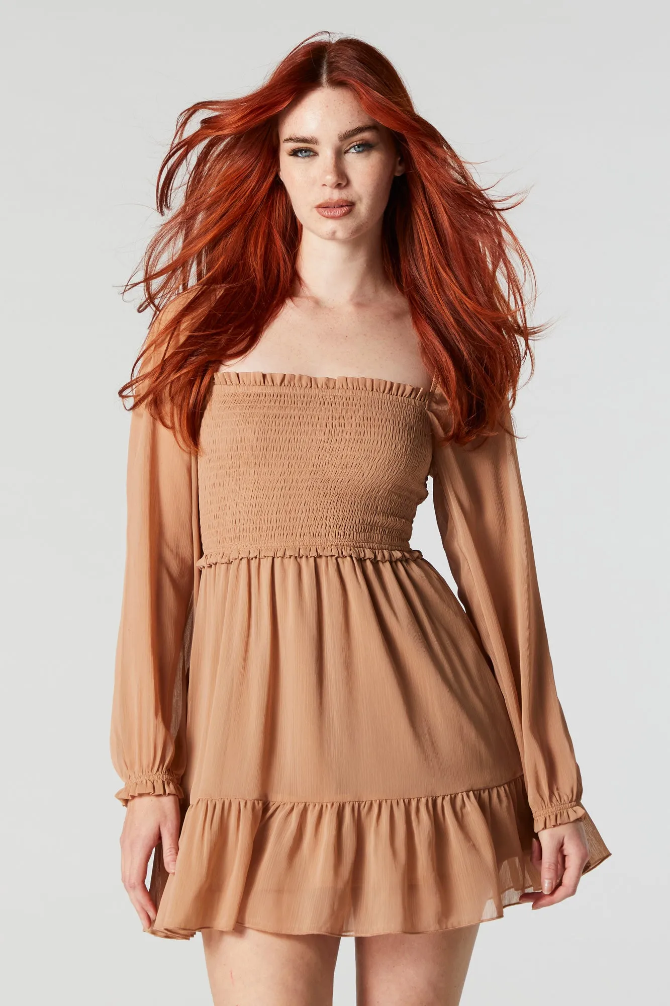 Chiffon Square Neck Tiered Mini Dress