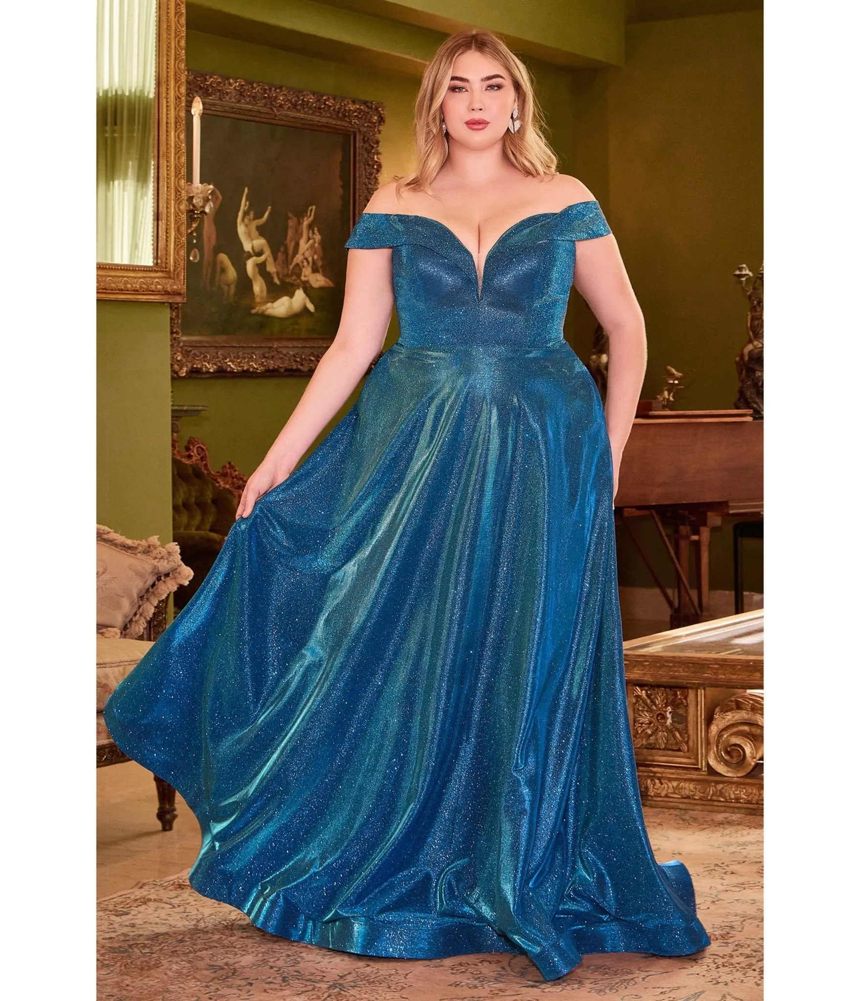 Cinderella Divine Plus Size Metallic Blue Off The Shoulder Bridesmaid Gown