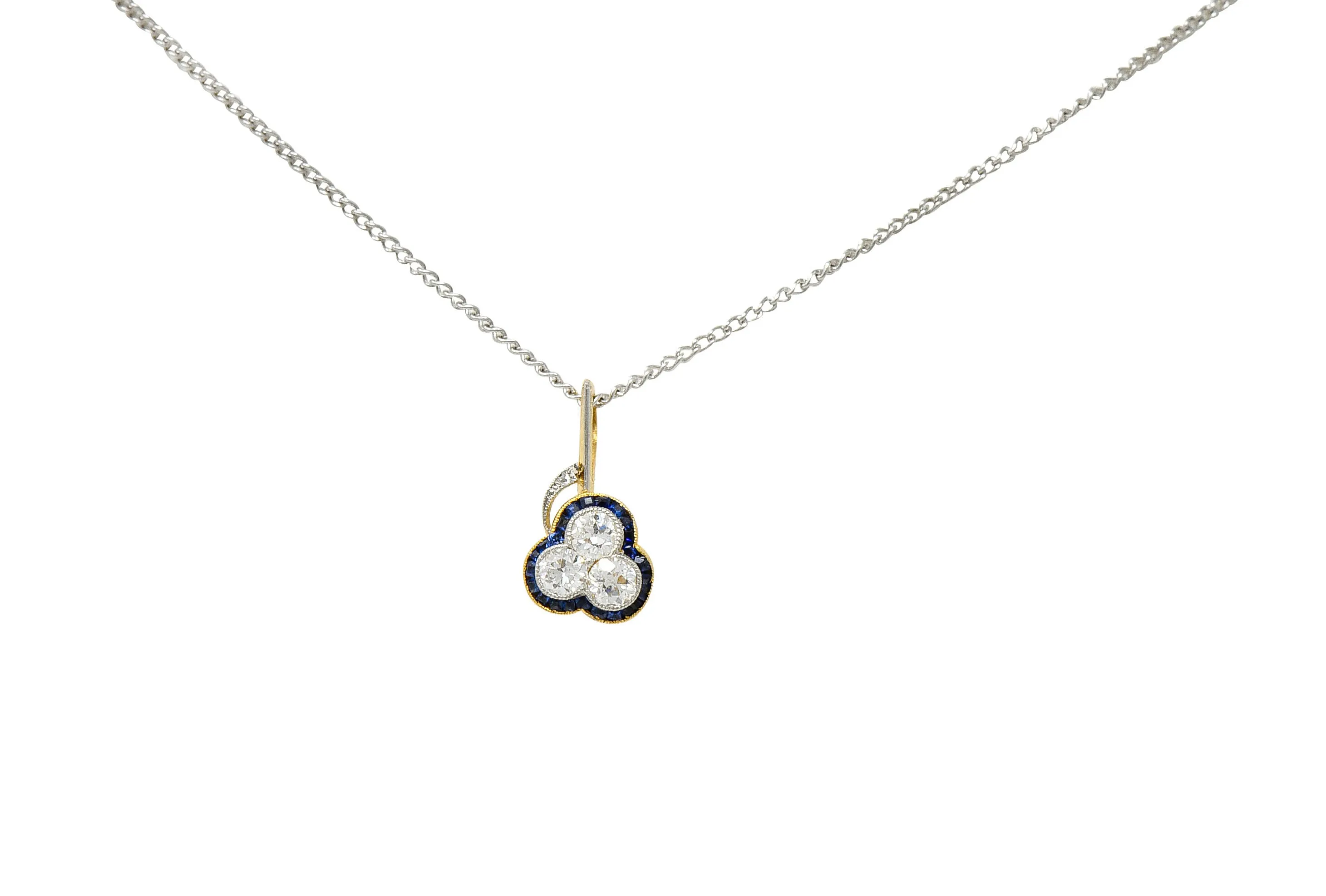 Edwardian Diamond Platinum-Topped 18 Karat Gold Clover Pendant Necklace