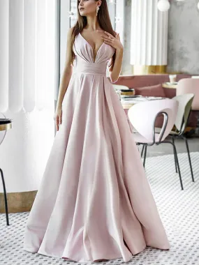 Elegangt A-line Deep V-neck Satin Long Prom Dress Evening Dress, OL742