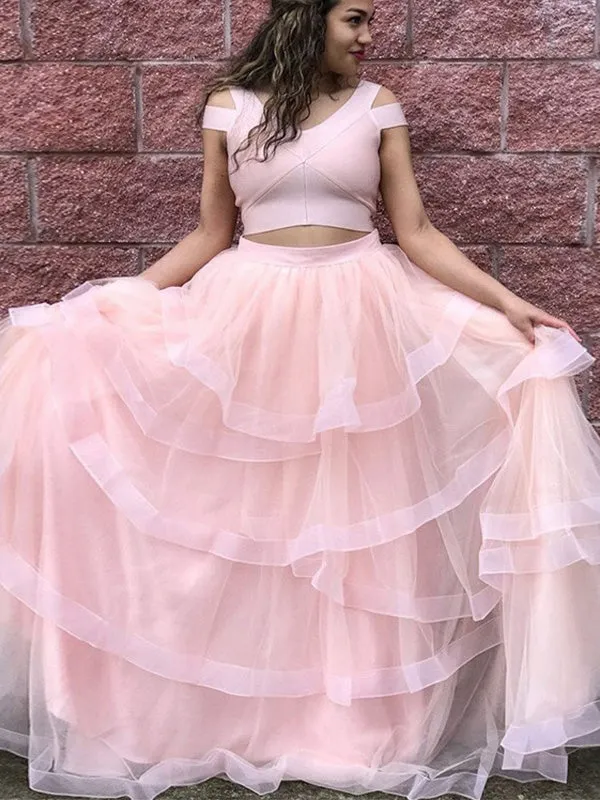 Elegangt A-line Pink Off the Shoulder Tulle Long Prom Dress Evening Dress, OL743