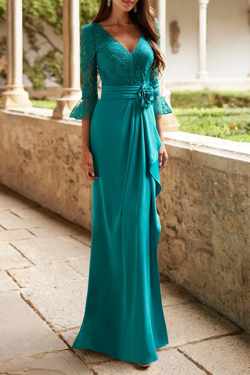 Elegant & Luxurious V-Neck 3/4 Sleeves Belt Cocktail Party Dress QM3347