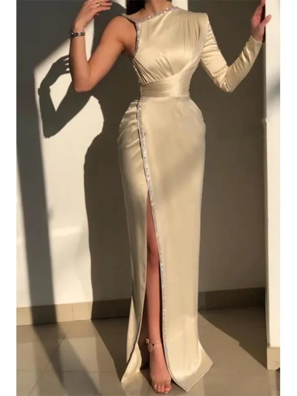 Elegant Beading Long Sleeve Mermaid Long Prom Dress with Side Slit, OL679