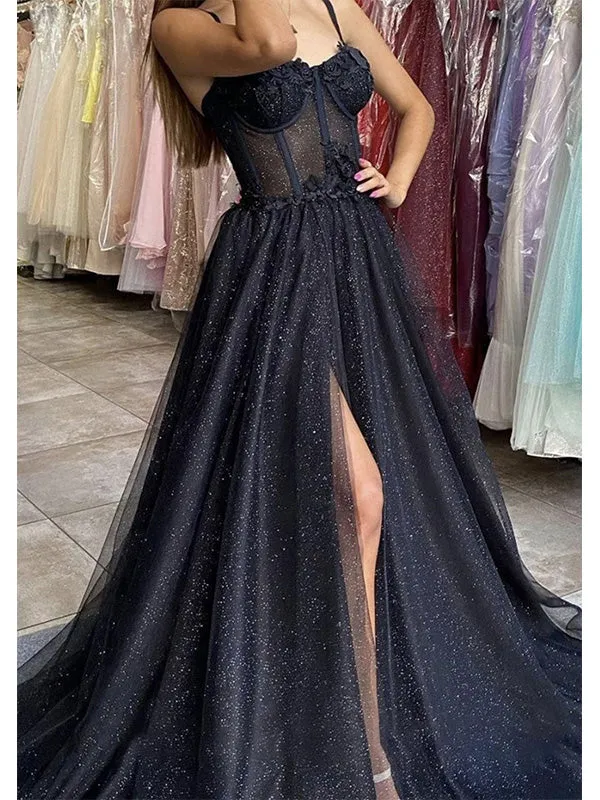 Elegant Black Spaghetti Straps A-line Tulle Side Slit Long Prom Dress Evening Dress, OL720