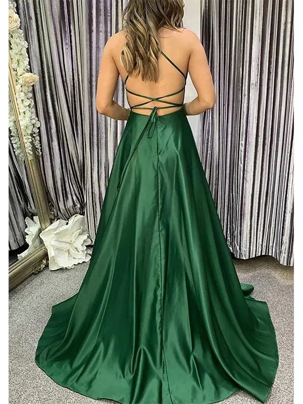 Elegant Dark Green A-line Satin Long Prom Dress Evening Dress with Side Slit, OL712