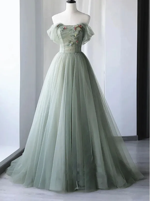 Elegant Light Green A-line Tulle Off the Shoulder Long Prom Dress Evening Dress, OL772