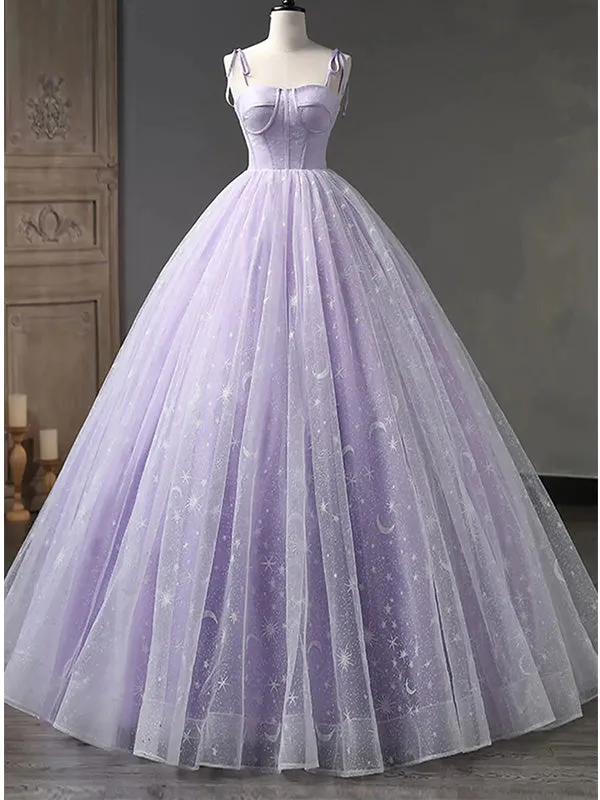 Elegant Light Purple A-line Tulle Straps Long Prom Dress Evening Dress, OL771