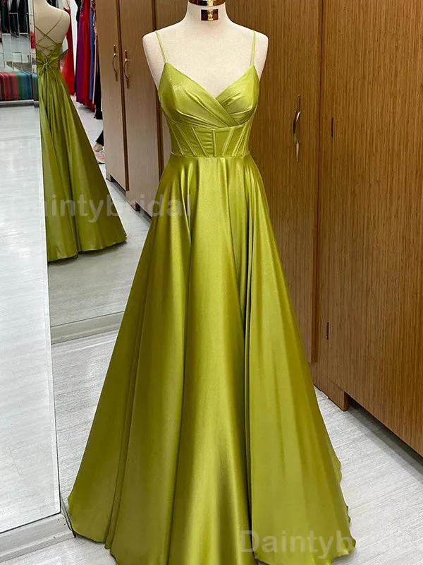 Elegant Spaghetti Straps Satin A-line V-neck Long Evening Prom Dress Online, OL090