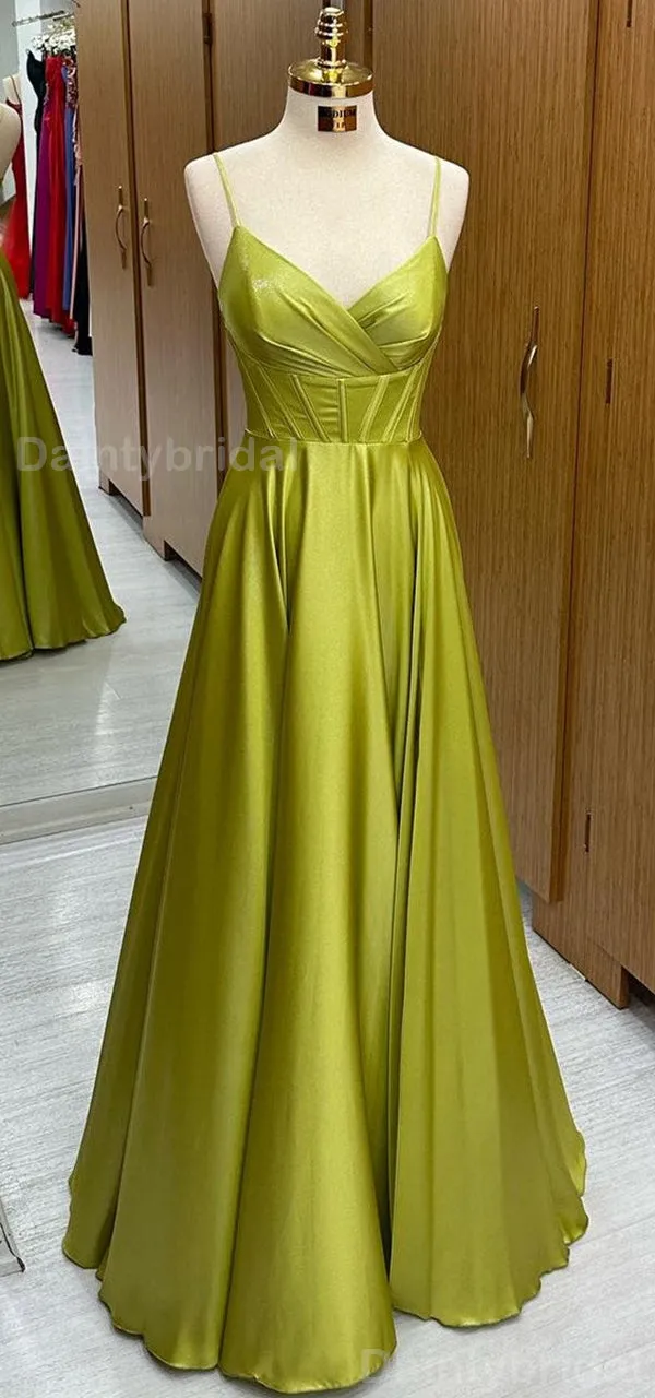 Elegant Spaghetti Straps Satin A-line V-neck Long Evening Prom Dress Online, OL090