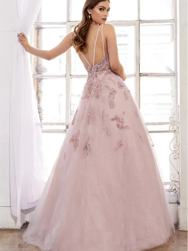 Elegant Spaghetti Straps V-neck Applique Prom Dress, OL560