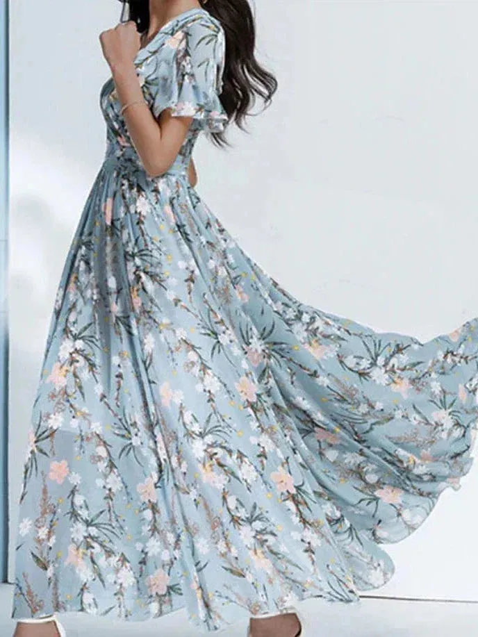 Floral Print Chiffon Midi Dress with Short Sleeves for Women