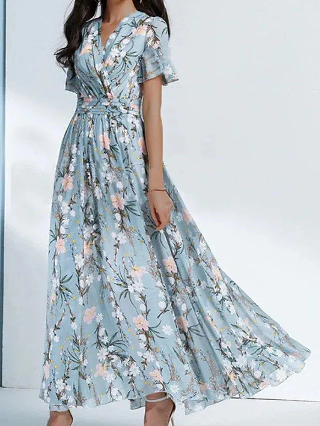 Floral Print Chiffon Midi Dress with Short Sleeves for Women