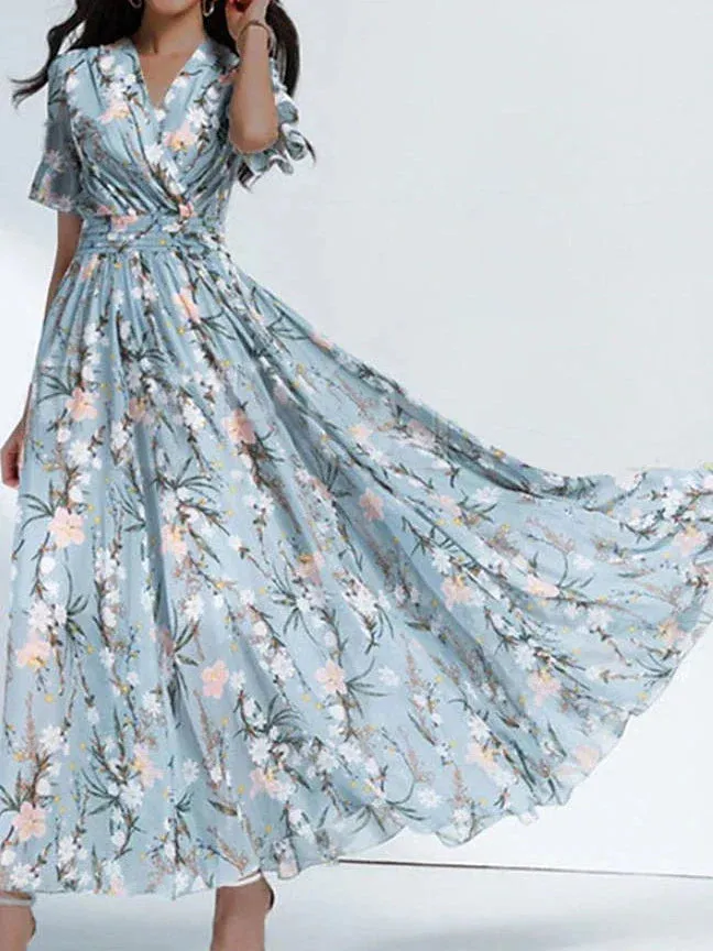 Floral Print Chiffon Midi Dress with Short Sleeves for Women