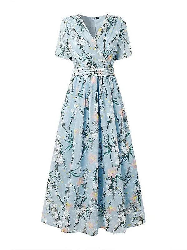 Floral Print Chiffon Midi Dress with Short Sleeves for Women