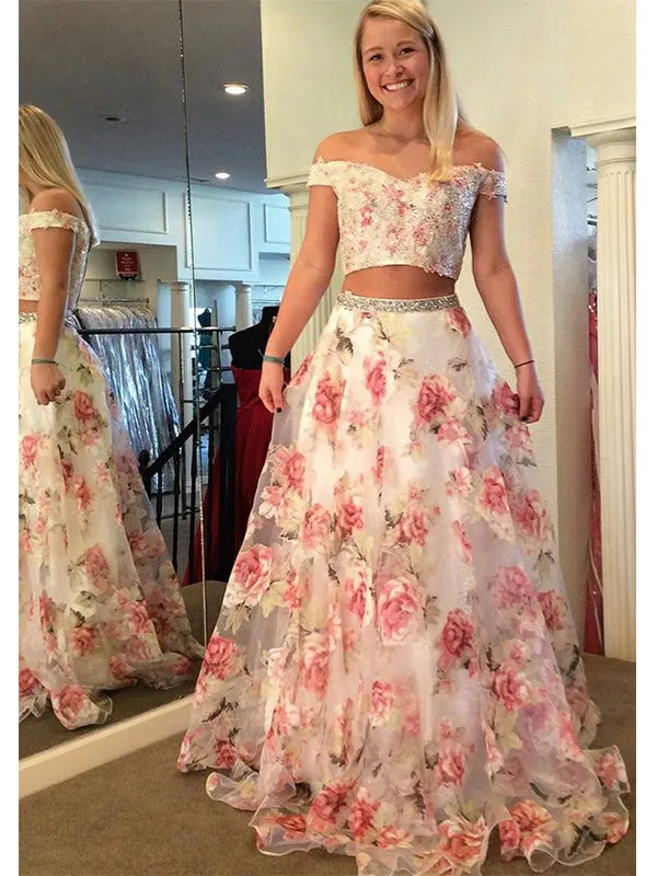 Flower Two Pieces Off the Shoulder Tulle A-line Prom Dress Evening Dress, OL739